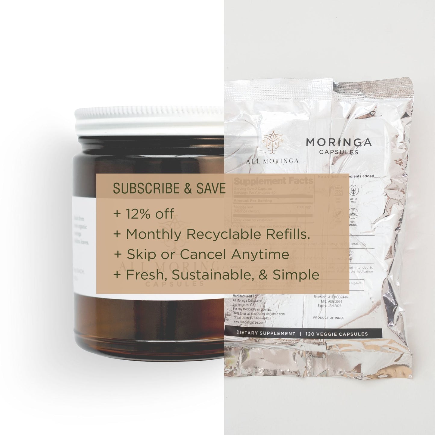 Premium Organic Moringa leaf Powder Supplements in Vegan Capsules 120ct in a Glass Jar. Non-GMO, Complete Green Superfood