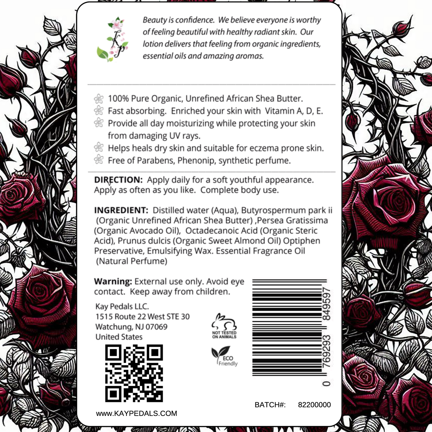 Black Rose Natural Body Lotion With Sensitive Skin Fragrance Oil  | Organic Unrefined African Shea Butter | Organic Sweet Almond Oil | Organic Avocado Oil |